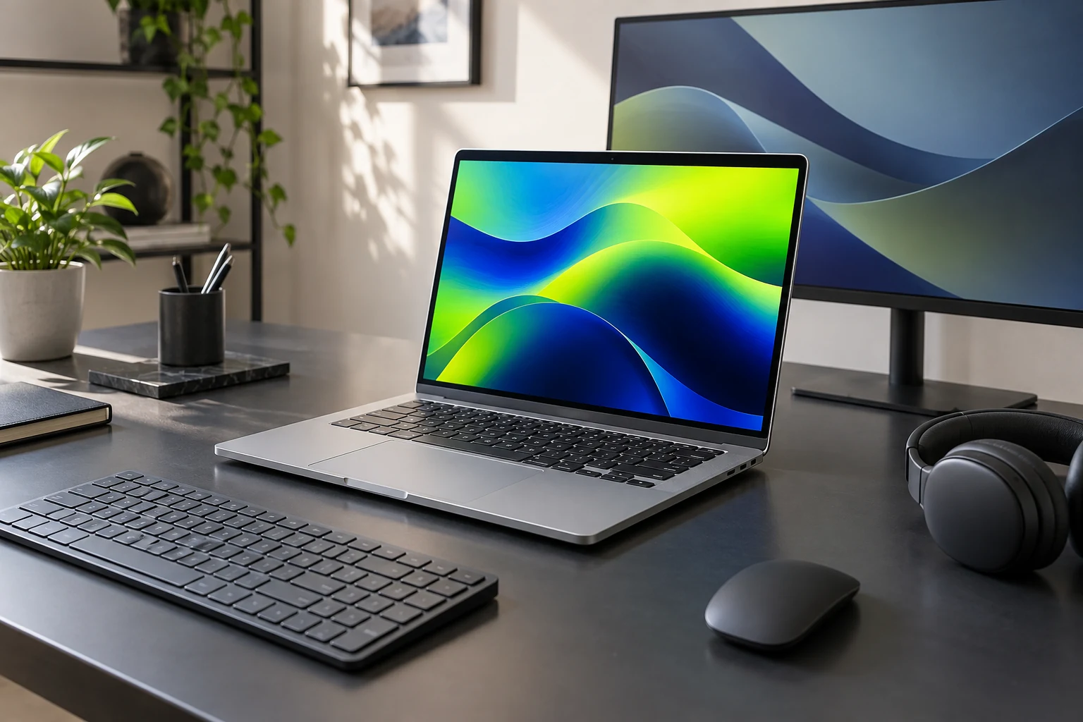 Ilustrasi laptop, monitor dan aksesori di meja kerja modern